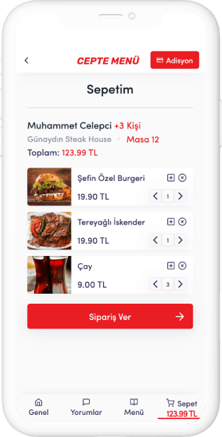 cepte menü uygulaması sepetim ekranı