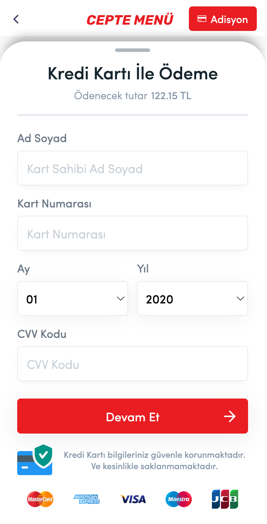 cepte menü uygulaması, kredi kartı ile ödeme ekranı