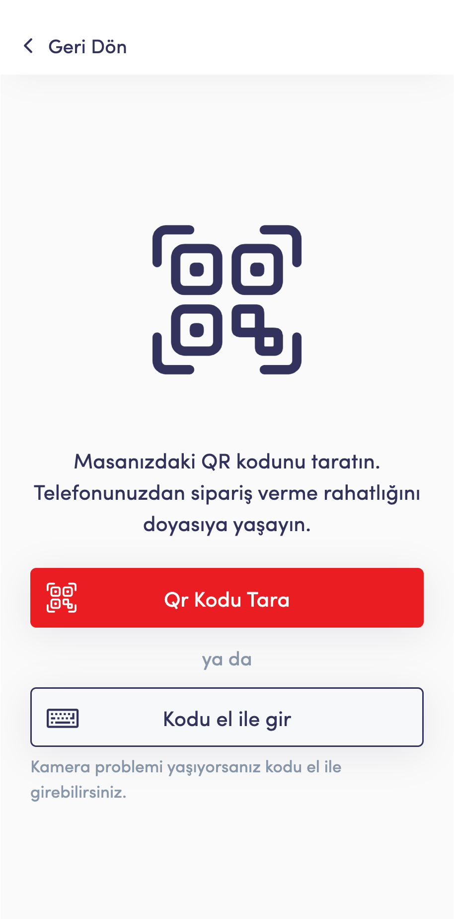 cepte menü uygulaması, qr kod ekranı